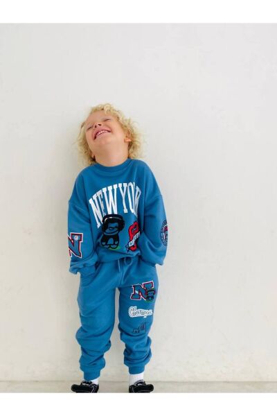Erkek Çocuk New York Sloganlı Kışlık 3 İplik Pamuklu Sweatshirt Eşofman Alt-üst Takım mavi 2 YAŞ  Erkek