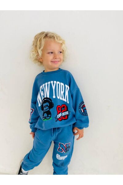 Erkek Çocuk New York Sloganlı Kışlık 3 İplik Pamuklu Sweatshirt Eşofman Alt-üst Takım mavi 2 YAŞ  Erkek