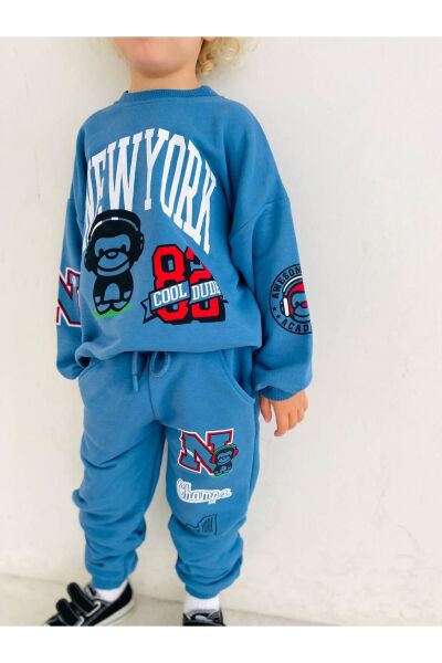 Erkek Çocuk New York Sloganlı Kışlık 3 İplik Pamuklu Sweatshirt Eşofman Alt-üst Takım mavi 2 YAŞ  Erkek