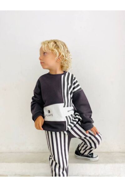 Unisex Çocuk Siyah Çizgili Sloganlı Kışlık 3 İplik Pamuklu Sweatshirt Eşofman Alt-üst Takım siyah 2 YAŞ  Unisex