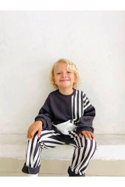 Unisex Çocuk Siyah Çizgili Sloganlı Kışlık 3 İplik Pamuklu Sweatshirt Eşofman Alt-üst Takım siyah 2 YAŞ  Unisex