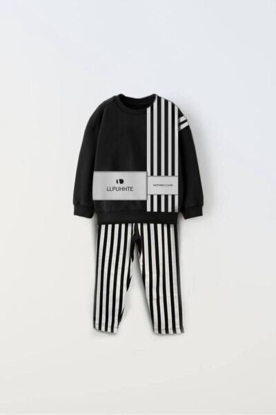 Unisex Çocuk Siyah Çizgili Sloganlı Kışlık 3 İplik Pamuklu Sweatshirt Eşofman Alt-üst Takım siyah 2 YAŞ  Unisex