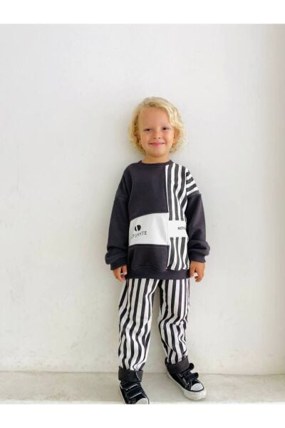 Unisex Çocuk Siyah Çizgili Sloganlı Kışlık 3 İplik Pamuklu Sweatshirt Eşofman Alt-üst Takım siyah 2 YAŞ  Unisex