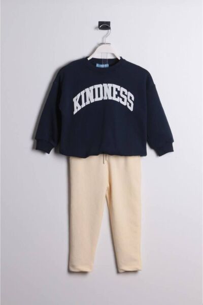 Unisex Çocuk Kidness Desenli Sloganlı Kışlık 3 İplik Pamuklu Sweatshirt Eşofman Alt-üst Takım lacivert 6 Yaş  Unisex