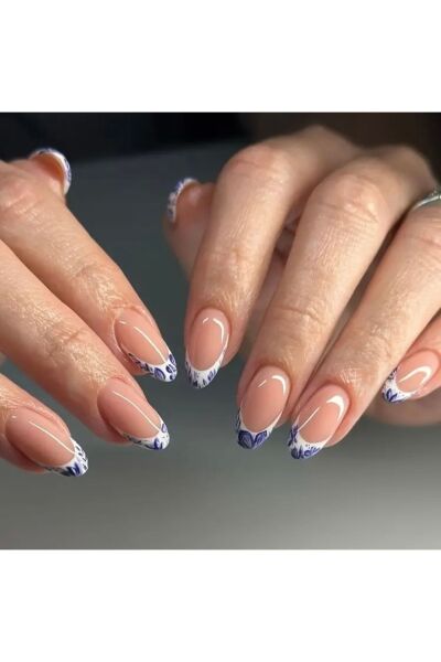 Vanilla Avenue French Mavi Yaprak Desenli Kendinden Yapışkanlı Takma Tırnak Seti 24 Adet