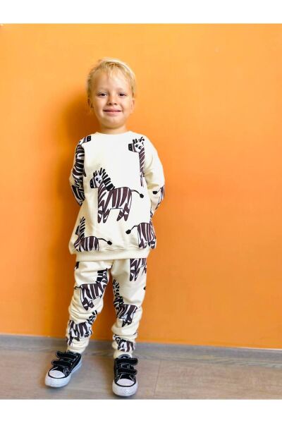 Erkek Çocuk Zebra Desenli Sloganlı Kışlık 3 İplik Pamuklu Sweatshirt Eşofman Alt-üst Takım ekru 2 YAŞ  Unisex