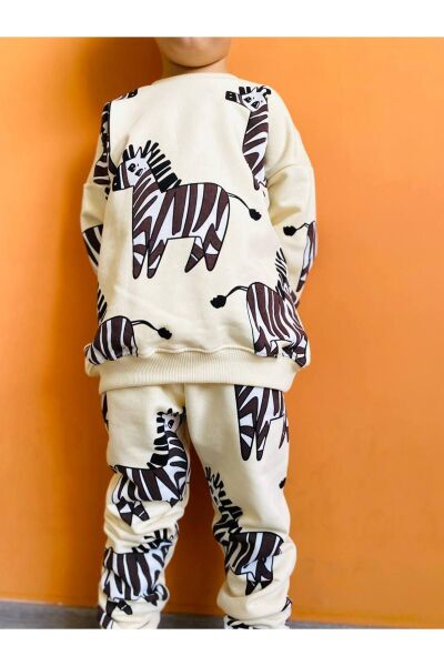 Erkek Çocuk Zebra Desenli Sloganlı Kışlık 3 İplik Pamuklu Sweatshirt Eşofman Alt-üst Takım ekru 2 YAŞ  Unisex
