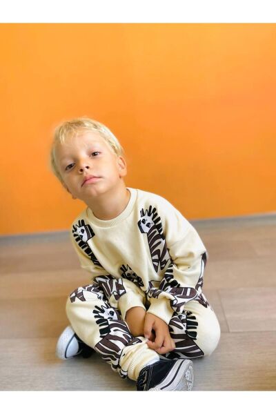Erkek Çocuk Zebra Desenli Sloganlı Kışlık 3 İplik Pamuklu Sweatshirt Eşofman Alt-üst Takım ekru 6 Yaş  Unisex