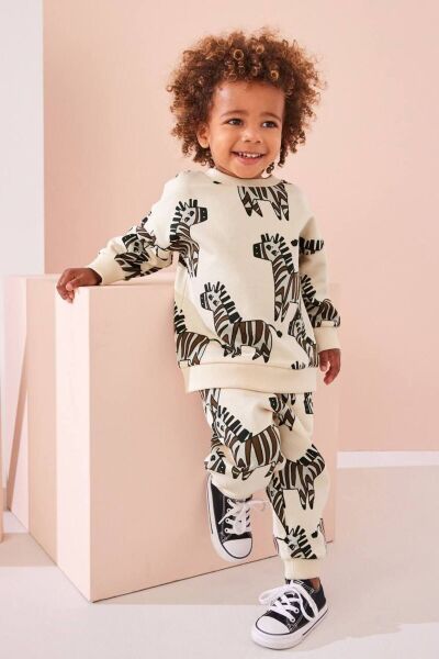 Erkek Çocuk Zebra Desenli Sloganlı Kışlık 3 İplik Pamuklu Sweatshirt Eşofman Alt-üst Takım ekru 6 Yaş  Unisex