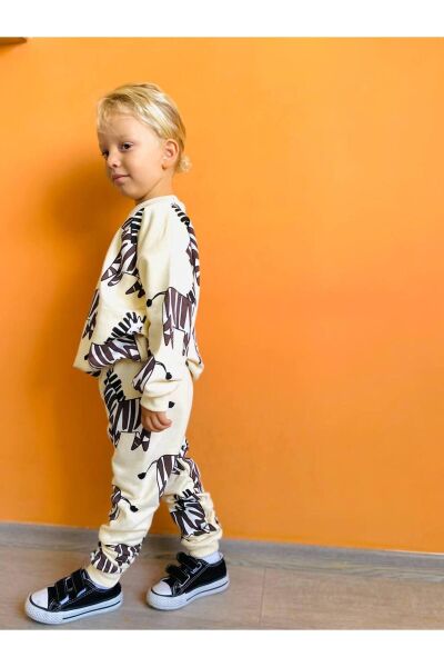 Erkek Çocuk Zebra Desenli Sloganlı Kışlık 3 İplik Pamuklu Sweatshirt Eşofman Alt-üst Takım ekru 5 Yaş  Unisex