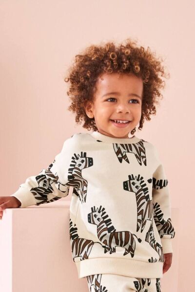 Erkek Çocuk Zebra Desenli Sloganlı Kışlık 3 İplik Pamuklu Sweatshirt Eşofman Alt-üst Takım ekru 5 Yaş  Unisex