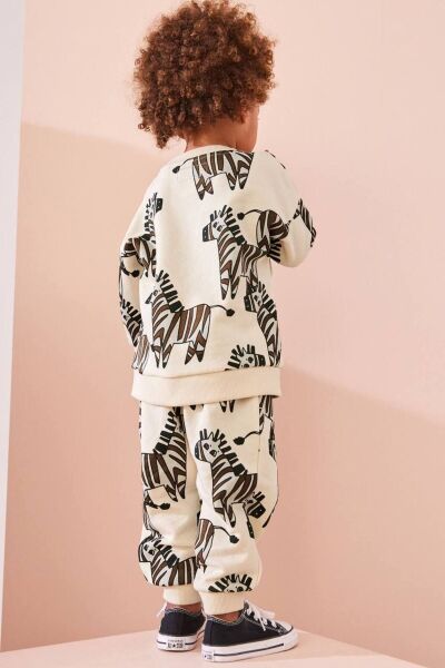Erkek Çocuk Zebra Desenli Sloganlı Kışlık 3 İplik Pamuklu Sweatshirt Eşofman Alt-üst Takım ekru 5 Yaş  Unisex