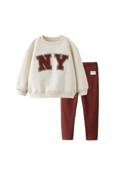 Kız Çocuk New York Sloganlı Kışlık Pamuklu Sweatshirt Tayt Alt-üst Takım kiremit 6 Yaş  Unisex