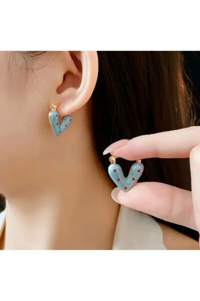 Vanilla Avenue Vintage Mavi Kalp Kırmızı Benekli Sallantılı Kadın Küpe