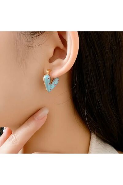 Vanilla Avenue Vintage Mavi Kalp Kırmızı Benekli Sallantılı Kadın Küpe