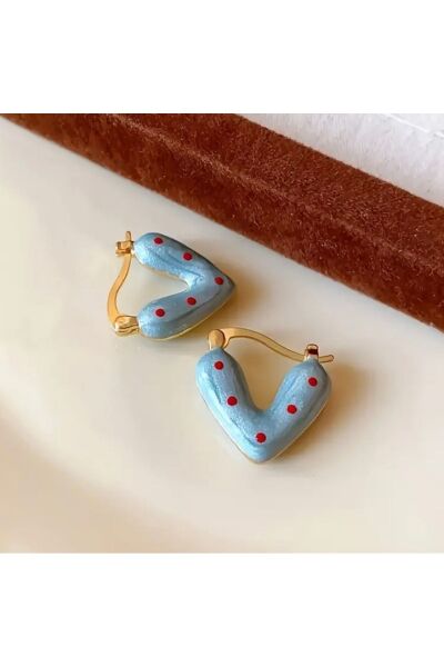 Vanilla Avenue Vintage Mavi Kalp Kırmızı Benekli Sallantılı Kadın Küpe