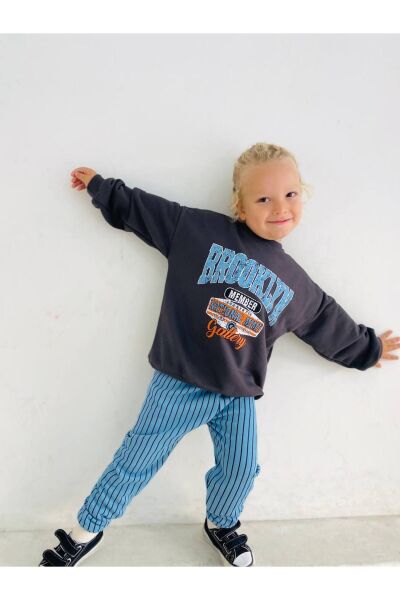 Erkek Çocuk Brooklyn Desenli Sloganlı Kışlık 3 I?plik Pamuklu Sweatshirt Eşofman Alt-üst Takım füme 4 Yaş  Unisex