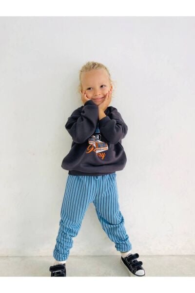 Erkek Çocuk Brooklyn Desenli Sloganlı Kışlık 3 I?plik Pamuklu Sweatshirt Eşofman Alt-üst Takım füme 4 Yaş  Unisex