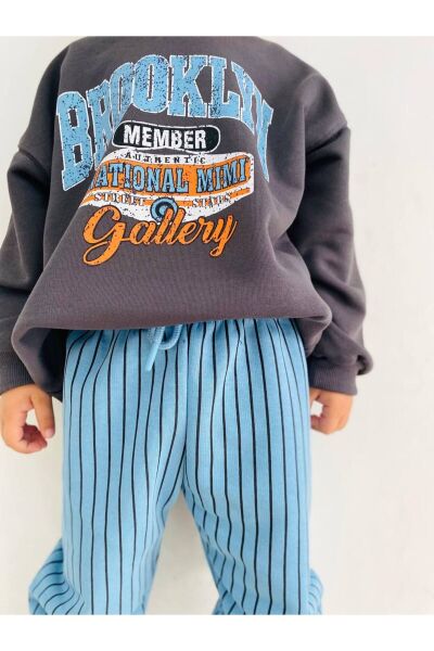 Erkek Çocuk Brooklyn Desenli Sloganlı Kışlık 3 I?plik Pamuklu Sweatshirt Eşofman Alt-üst Takım füme 4 Yaş  Unisex