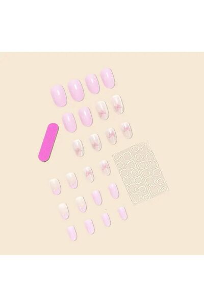 Vanilla Avenue Pembe Kelebek Desenli Badem Kesim Kendinden Yapışkanlı Takma Tırnak Seti 24 Adet
