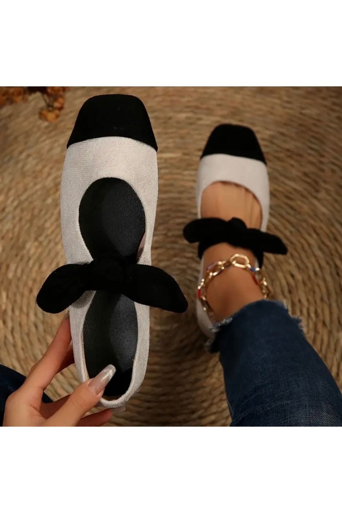 Vanilla Avenue Siyah Beyaz Kurdele Rahat Düz Taban Kadın Babet Ayakkabı