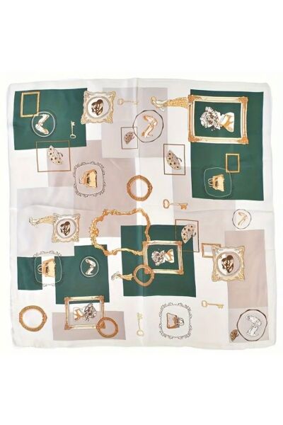 Vanilla Avenue Yeşil Gold Çerçeve Detaylı Şık Ipek Görünüm Kare Eşarp Fular Kadın Aksesuar