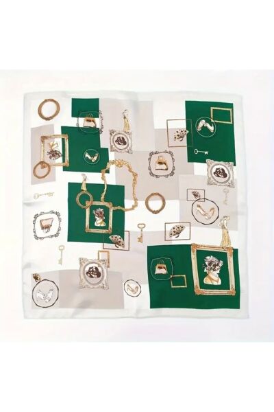 Vanilla Avenue Yeşil Gold Çerçeve Detaylı Şık Ipek Görünüm Kare Eşarp Fular Kadın Aksesuar