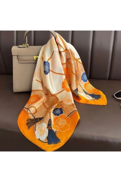 Vanilla Avenue Turuncu Krem Detaylı Şık İpek Görünüm Kare Eşarp Fular Kadın Aksesuar