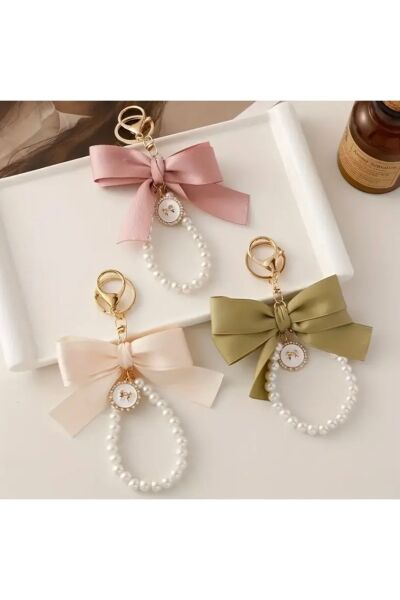 Vanilla Avenue İncili Beyaz Kurdele Detaylı Zarif Kadın Anahtarlık Aksesuar