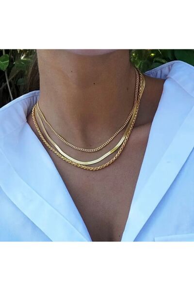 Vanilla Avenue Klasik 3 Parça Altın Sarısı Parlak Zincir Görünüm Günlük Kullanım Kadın Kolye Seti