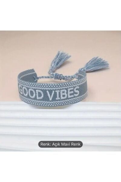 Moon Home Collection Mavi Good Vibes Yazı Detaylı Örme Asansörlü Bileklik mavi Tek Ebat  Kadın / Kız