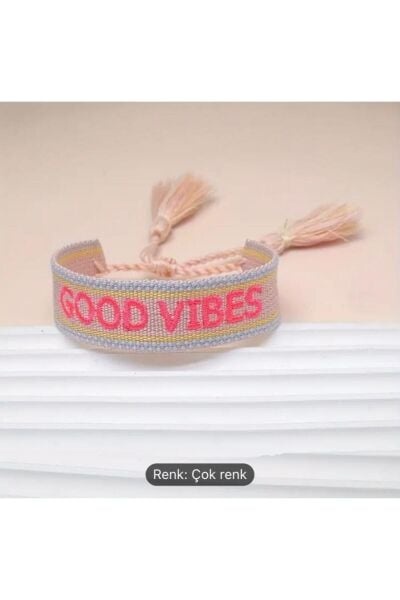 Moon Home Collection Beyaz Good Vibes Yazı Detaylı Örme Asansörlü Bileklik beyaz Tek Ebat  Kadın / Kız