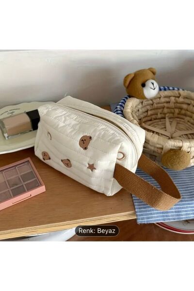 Moon Home Collection Sevimli Ayı Desenli Organizer Makyaj Çantası beyaz