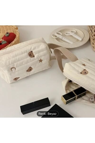 Moon Home Collection Sevimli Ayı Desenli Organizer Makyaj Çantası beyaz