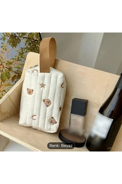 Moon Home Collection Sevimli Ayı Desenli Organizer Makyaj Çantası beyaz