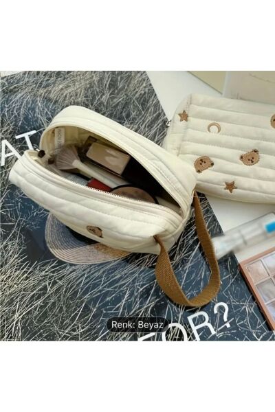 Moon Home Collection Sevimli Ayı Desenli Organizer Makyaj Çantası beyaz