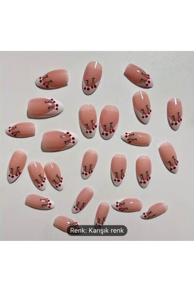 Vanilla Avenue Badem French Kiraz Desenli Kendinden Yapışkanlı Tırnak Seti 24 Adet beyaz