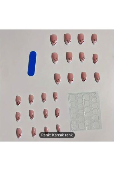 Vanilla Avenue Badem French Kiraz Desenli Kendinden Yapışkanlı Tırnak Seti 24 Adet beyaz