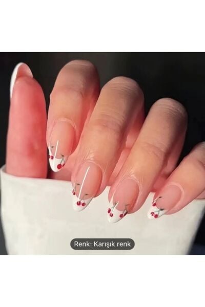 Vanilla Avenue Badem French Kiraz Desenli Kendinden Yapışkanlı Tırnak Seti 24 Adet beyaz