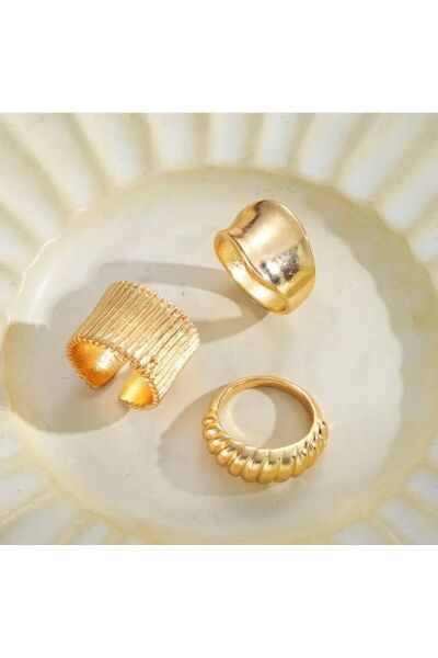 Vanilla Avenue 3 Parça Altın Sarısı Vintage Esintili Geometrik Tasarım Günlük Kadın Yüzük Seti