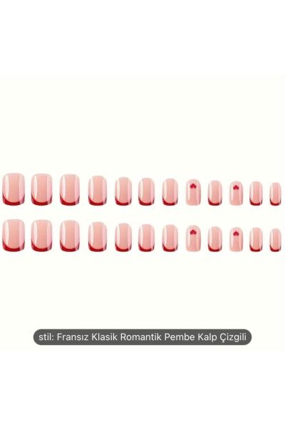 Vanilla Avenue Oval Kırmızı Kalpli French Kendinden Yapışkanlı Tırnak Seti 24 Adet kırmızı