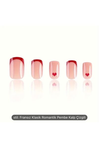 Vanilla Avenue Oval Kırmızı Kalpli French Kendinden Yapışkanlı Tırnak Seti 24 Adet kırmızı