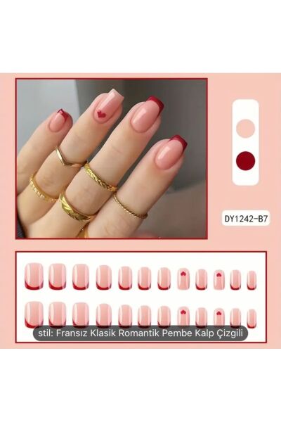 Vanilla Avenue Oval Kırmızı Kalpli French Kendinden Yapışkanlı Tırnak Seti 24 Adet kırmızı