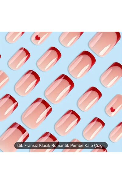 Vanilla Avenue Oval Kırmızı Kalpli French Kendinden Yapışkanlı Tırnak Seti 24 Adet kırmızı