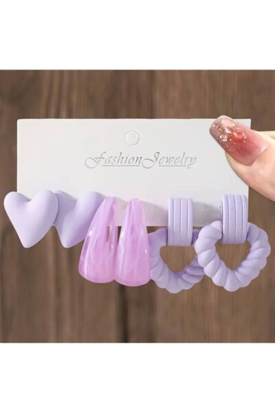 Vanilla Avenue 6'lı Lila Rengi Şık Sevimli Kalp Desenli Sallantılı Geometrik Kadın Küpe Seti