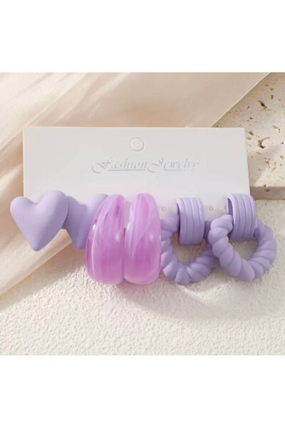 Vanilla Avenue 6'lı Lila Rengi Şık Sevimli Kalp Desenli Sallantılı Geometrik Kadın Küpe Seti