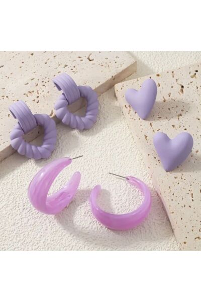 Vanilla Avenue 6'lı Lila Rengi Şık Sevimli Kalp Desenli Sallantılı Geometrik Kadın Küpe Seti