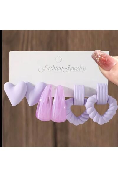 Vanilla Avenue 6'lı Lila Rengi Şık Sevimli Kalp Desenli Sallantılı Geometrik Kadın Küpe Seti