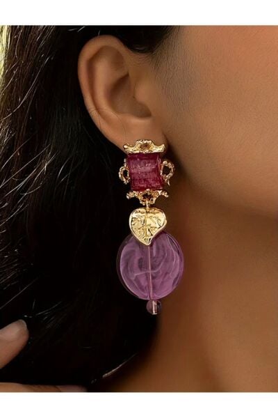 Vanilla Avenue Mor Altın Sarısı Yapraklı Geometrik Reçine İşlemeli Sallantılı Kadın Küpe