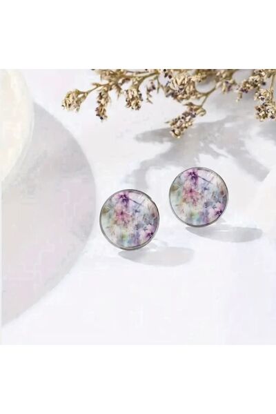 Vanilla Avenue Zarif Mor Cam Mozaik Tasarım Yuvarlak Günlük Kullanım Mini Kadın Küpe